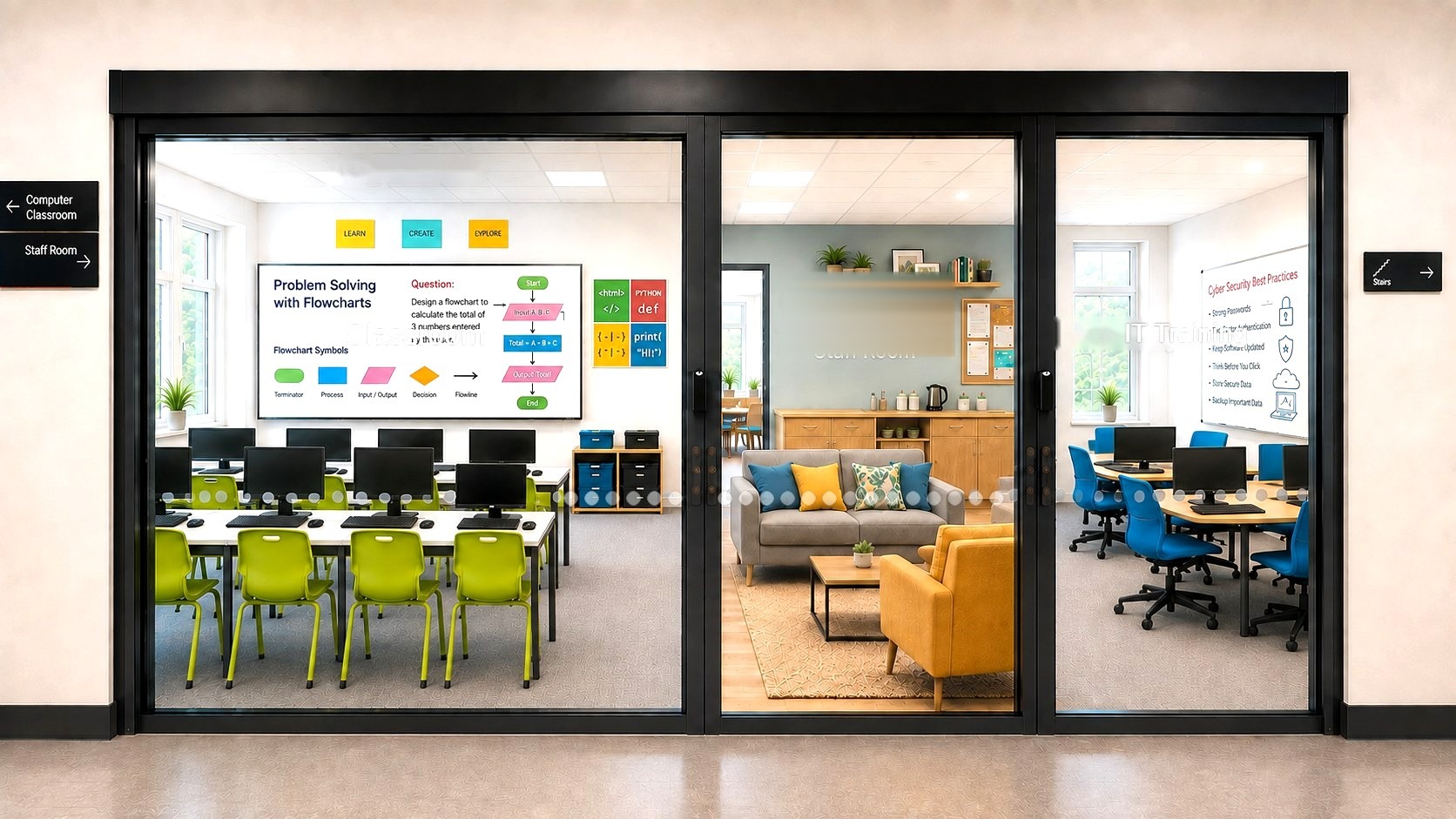 Glass doors opening onto a computer classroom, a staff room, and an IT training space